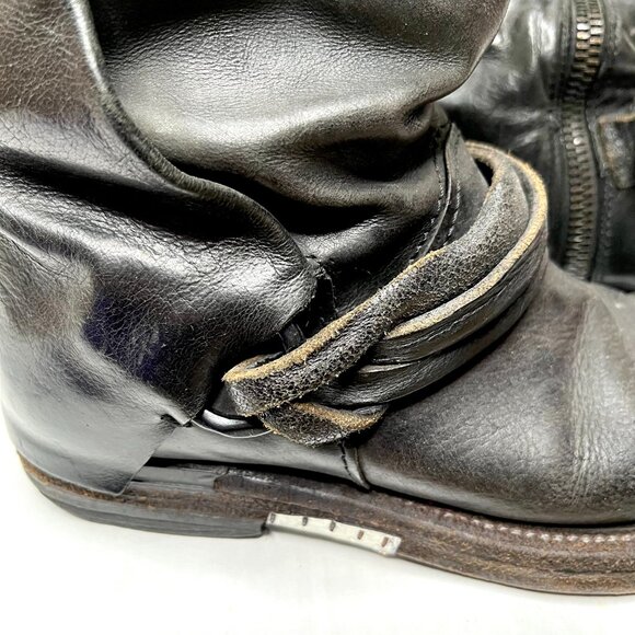 AS98 Leather Moto Boots Size 36 6 6.5 Black Knee High Foldover Cuff Fringe Biker - Picture 5 of 12